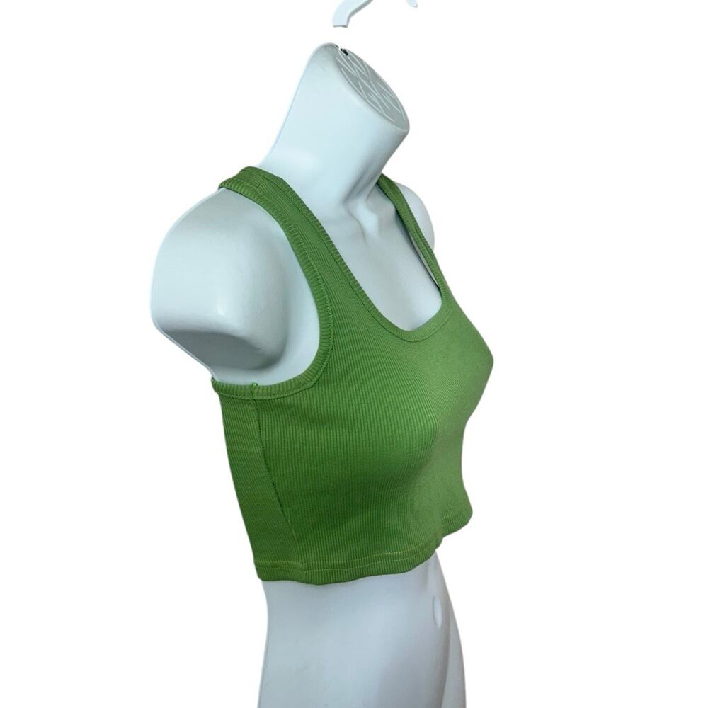 Green Ribbed Crop Tank Top Sz M Fitted Stretch Casual Blouse Cotton Blend - Picture 2 of 6